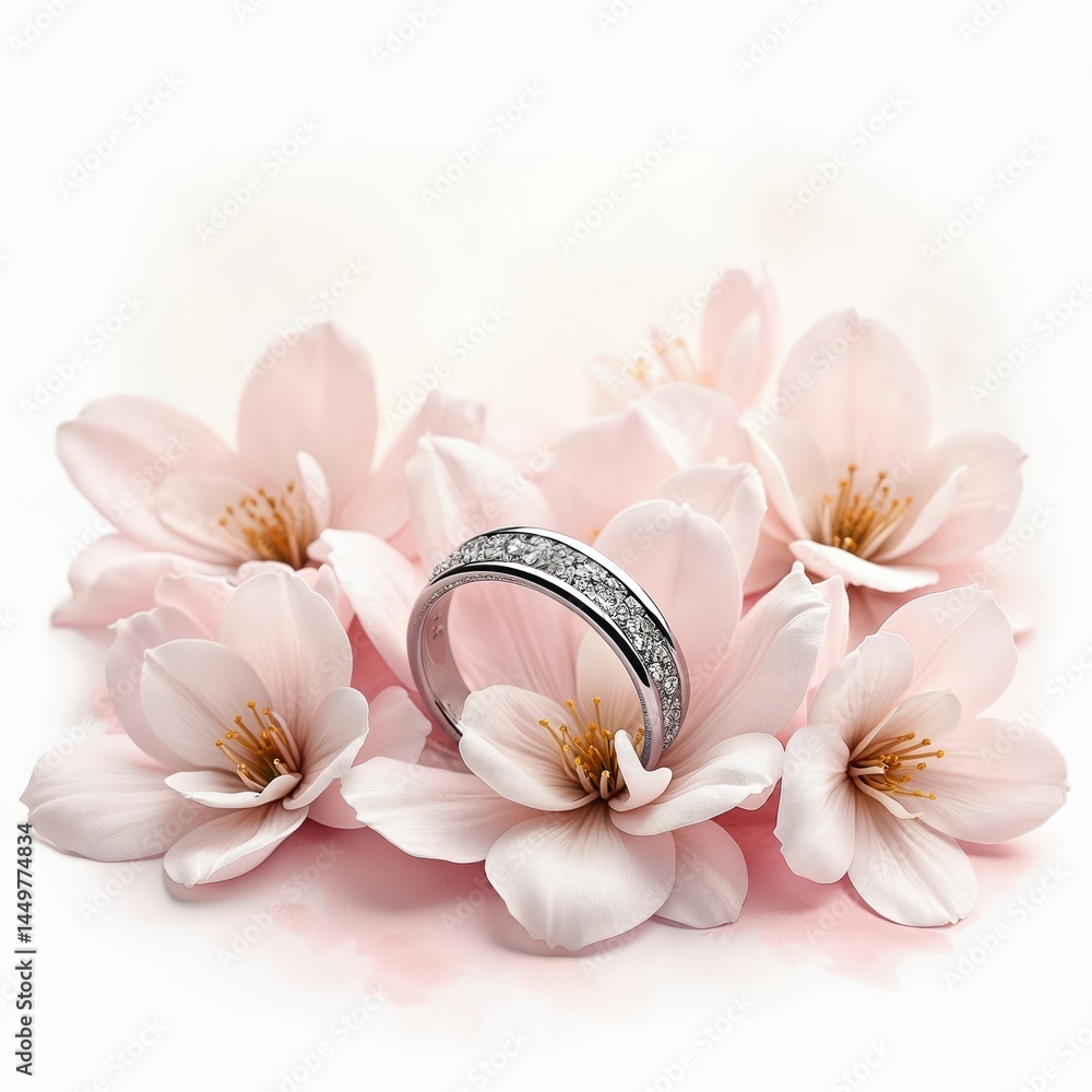 Elegant silver ring with delicate white flowers. Symbol of love commitment in soft watercolor style. Ideal for bridal, engagement, statement jewelry projects.