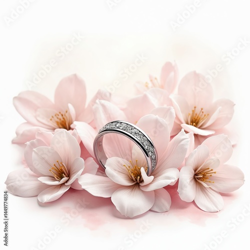 Obraz na płótnie Elegant silver ring with delicate white flowers. Symbol of love commitment in soft watercolor style. Ideal for bridal, engagement, statement jewelry projects. w salonie