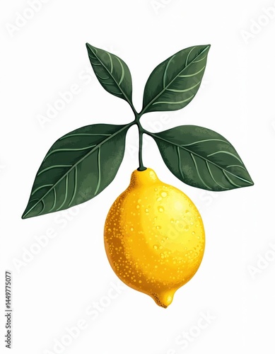 Hand drawn lemon fruit with green leaves. Artistic style illustration. Used for design element, food, tea, harvest, vitamin, vegan, healthy lifestyle concept.