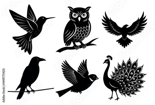 Set of birds vector silhouette on white background bundle of 6 birds