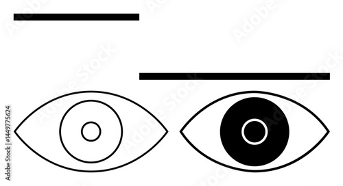 Two outlined eyes, one with light and one with dark pupil, placed under horizontal lines. Ideal for vision, contrast, perception, focus, art, minimalism and a simple landing page