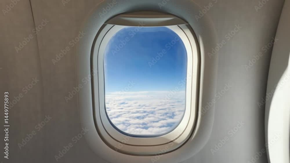 Looking Out of Aircraft Window at Clouds and Blue Sky Above Looking Out of Aircraft Window at Clouds and Blue Sky Above