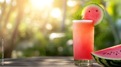 A light and refreshing watermelon beer in  tall glass, with  watermelon slice, sitting on a rustic outdoor table with summer vibes