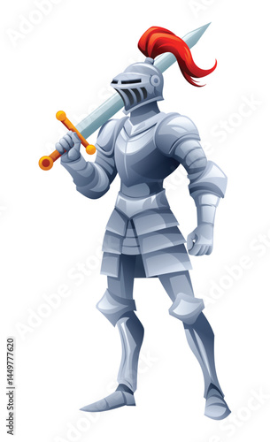 Knight holding a sword, prepared for battle. Vector cartoon character illustration