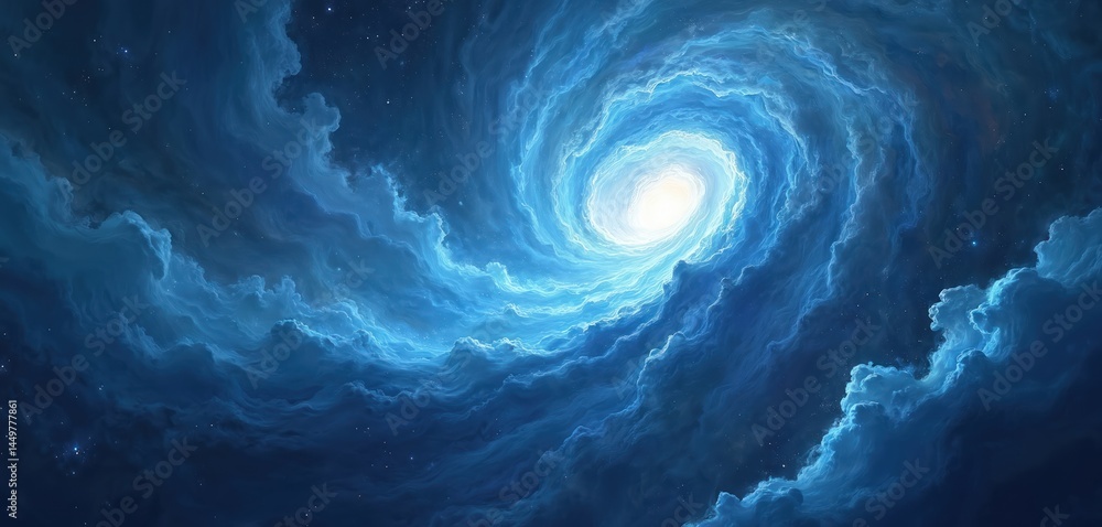 Dramatic cosmic storm swirling blue nebula backdrop. Illustration of cinematic thumbnail or wallpaper. Epic, dynamic, moody. Abstract background, universe, space, science fiction, fantasy art.