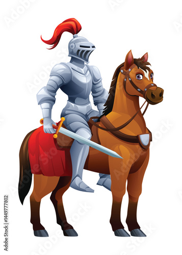 Knight holding sword on a horse, ready for battle. Vector cartoon illustration