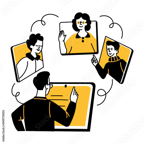 A character doing a virtual meeting, hand drawn illustration 
