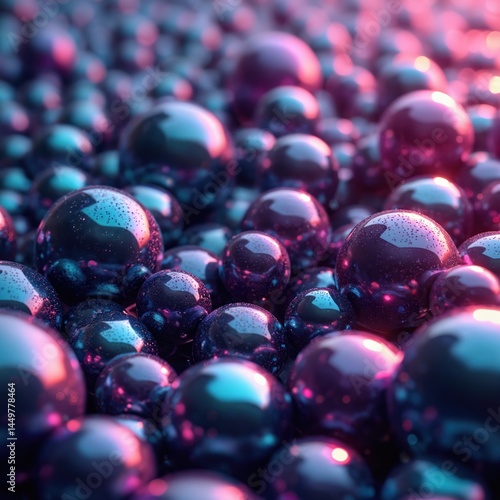 Abstract illustration of shiny spheres with light reflections. Dark blue, cyan and pink colors. Bubbles texture with gradient shades creates a sense of deep space, cosmos. Design for posters, banners.