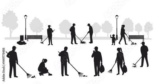 Silhouette Illustration Park Cleaning Crew Maintaining Public Spaces