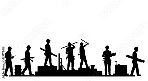 Construction Workers Silhouettes Teamwork & Building Industry Illustration