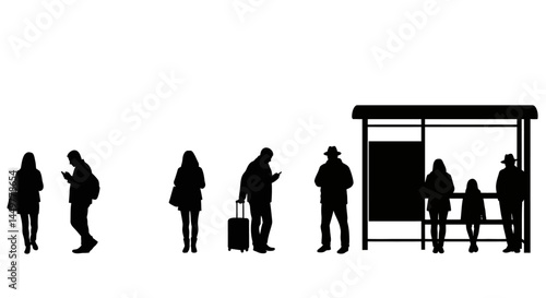 Silhouette of People Waiting at a Bus Stop, City Life Vector Illustration