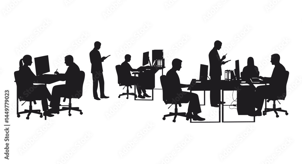 Fototapeta premium Silhouette Illustration of Busy Office Workers Collaborating