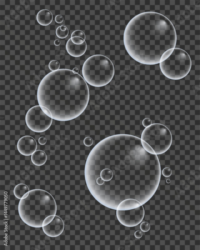 Set of colorful soap bubbles for design creation. Isolated, transparent, realistic soap bubbles on transparent background.