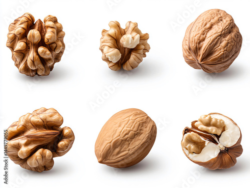 An assortment of walnuts, with some shelled, showcasing their textures and natural details. This image features a variety of walnuts