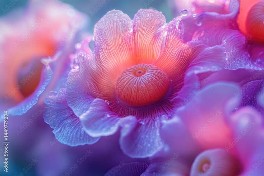 Close-up of vibrant, translucent flowers with intricate details and water droplets, showcasing beautiful colors and textures. Close-up of vibrant, translucent flowers with intricate details and water droplets, showcasing beautiful colors and textures.