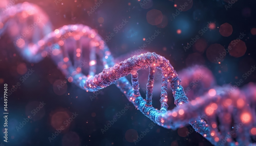 Futuristic illustration DNA molecule made glass filled with glowing neon wires. Bright neon lights, scientific background, medicine, biology, genetic research, biotechnology. Innovative science