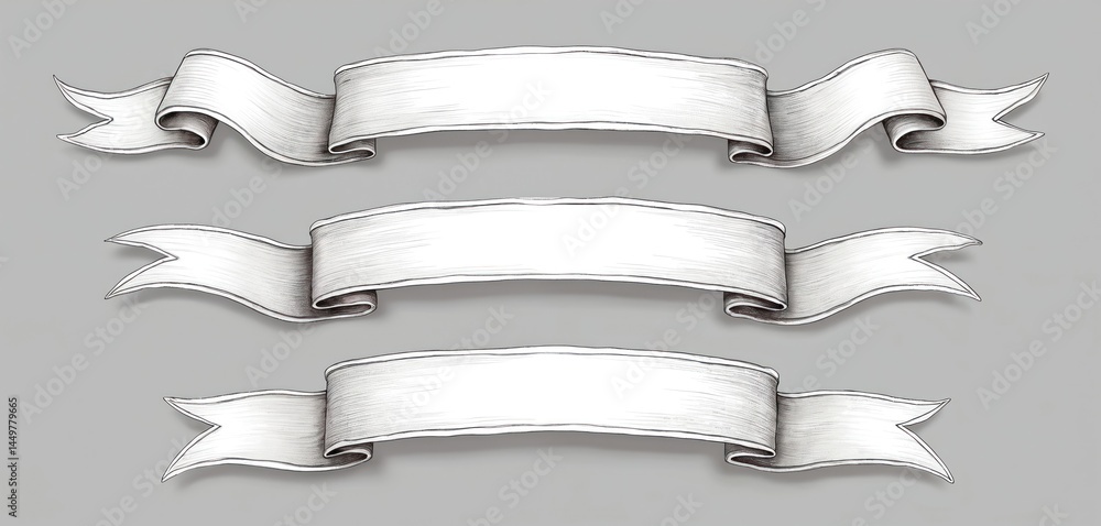 Set of white hand-drawn ribbon banners, isolated on gray background. Vintage illustrations perfect for design, art, creativity projects. Suitable for website headers, greeting cards, invitations,