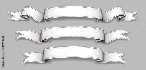 Obraz na płótnie Set of white hand-drawn ribbon banners, isolated on gray background. Vintage illustrations perfect for design, art, creativity projects. Suitable for website headers, greeting cards, invitations, w salonie