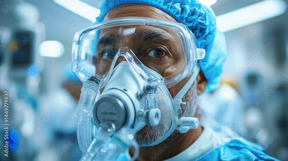 A close-up shot of a healthcare worker wearing a protective mask and goggles, showing determination and focus. A close-up shot of a healthcare worker wearing a protective mask and goggles, showing determination and focus.
