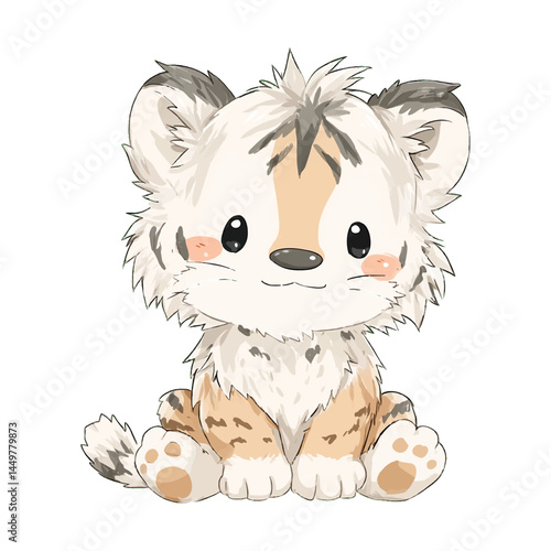 Cute cartoon baby lynx with fluffy fur and big eyes in a sitting pose, isolated with transparent background