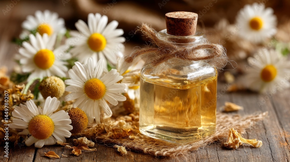 Chamomile Essential Oil, Dried and Fresh Chamomile Flowers on Rustic Wood,. Natural Remedy Concept. Chamomile Essential Oil, Dried and Fresh Chamomile Flowers on Rustic Wood,. Natural Remedy Concept.