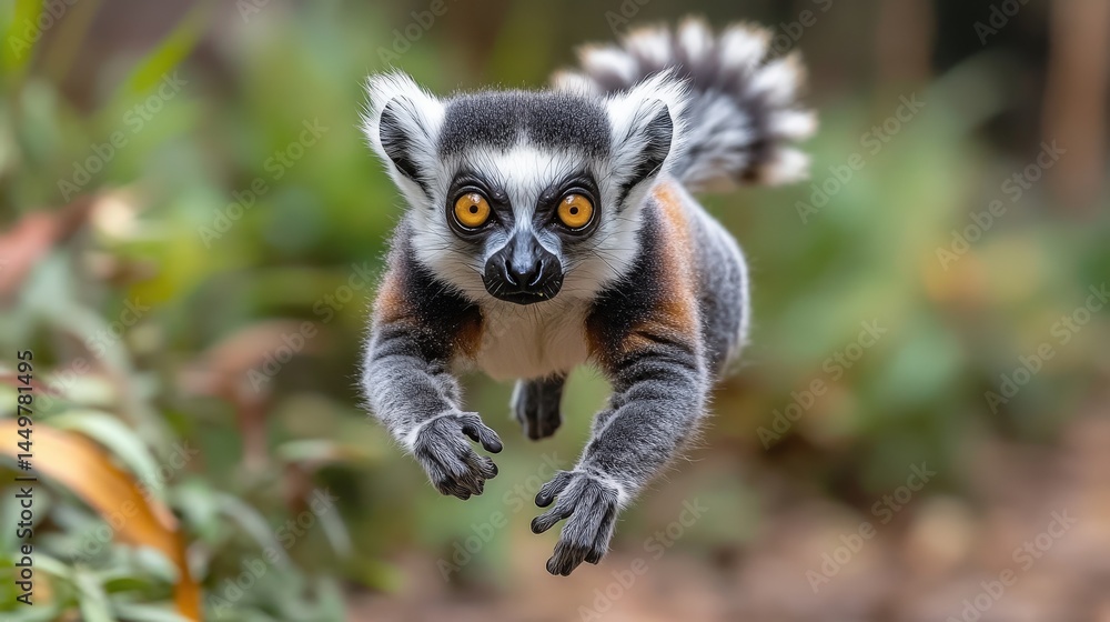 A leaping lemur in mid-air, against a blurred background. A leaping lemur in mid-air, against a blurred background.