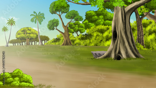 tree on the jungle landscape with trees digital art 2D background