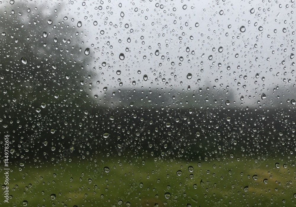 Close-up of raindrops on window overlooking blurry greenery Close-up of raindrops on window overlooking blurry greenery