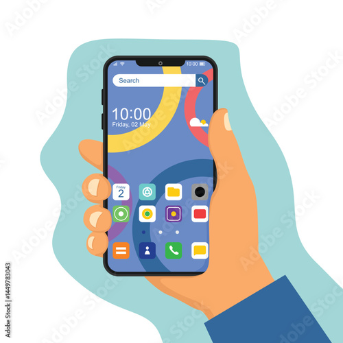 Hand holding modern cell phone with home screen smartphone interface. Touchscreen device with search bar and forecast. Start screen with app icons, shortcuts. Vector flat cartoon illustration