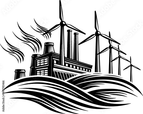 Global energy powers the economy through interconnected systems svg vector. Industrial Factory with Wind Turbines in Scenic Environment