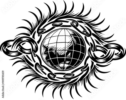 Global energy powers the economy through interconnected systems svg vector. Abstract Design Featuring Energy Circuits Surrounding a Globe