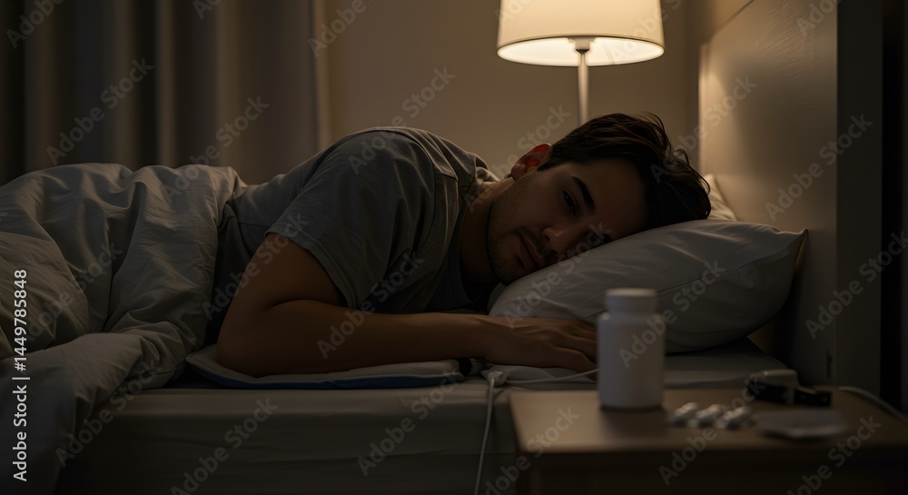Obraz premium Man sleeping in bed with medication for insomnia or sleep apnea at night for better sleep quality