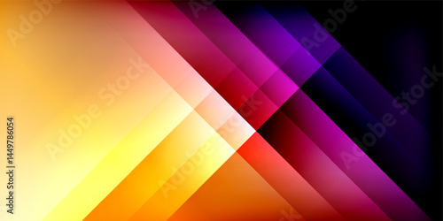 Abstract composition. Diagonal lines intersect, creating vibrant color gradients. Yellow, orange, red, purple dominate dark background. Modern design.