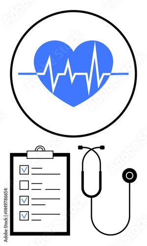 Blue heartbeat symbol with ECG line, stethoscope, and medical checklist. Ideal for healthcare, wellness, diagnostics, medical services, patient care, health awareness simple landing page
