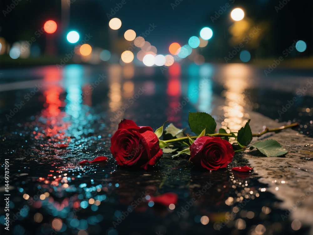 closeup of discarded red roses on wet asphalt road with colorful unfocused lights on a background, night view.