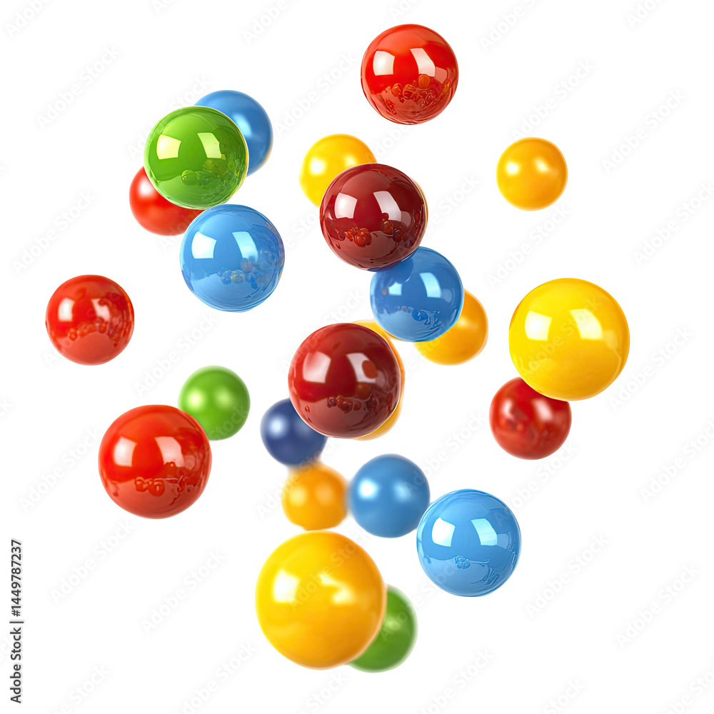 Fototapeta premium Vibrant, colorful spheres in a dynamic, scattered cluster. Various shades of red, orange, yellow, green, blue, and purple spheres are suspended in a three-dimensional arrangement