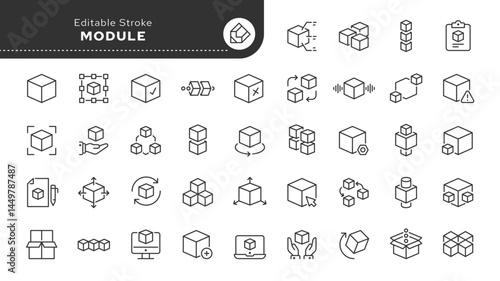 Module line icon set. Cube, box, geometric shape, model, block, product. Outline vector icon in linear style. Series of pictograms