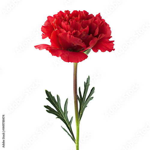 Single, vibrant red flower with delicate green leaves on a stem.  Close-up of a beautiful bloom