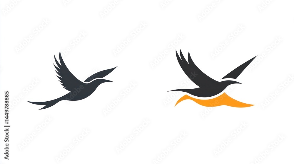 Obraz premium Two stylized silhouettes of a bird in flight, one black, one black with orange trailing effect. Possible use Logo design