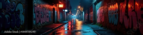 Dark alleyway with city lights reflecting off wet pavement and graffiti covered walls, urban, urban decay, dark mood