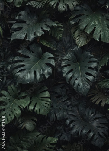 Dark, lush tropical leaves overlap, creating a textured, elegant pattern , elegant, modern