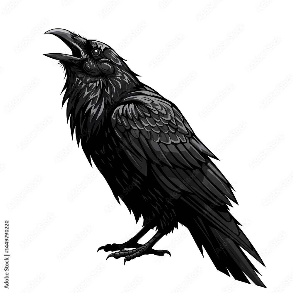 Fototapeta premium Majestic Raven Bird Illustration Striking Pose Black Feathers Wildlife Artwork