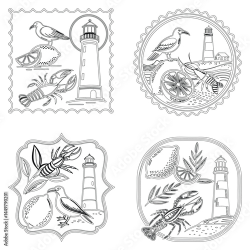 Vintage Italian print set bundle line art , wall art vector grunge travel postcard stamp, summer engraving placard or poster. Retro frame or border element design line art and illustrator eps 10 
