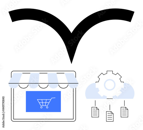 Online store screen with cart, cloud server with gear and documents, and connecting arrow. Ideal for e-commerce, automation, cloud computing, data sharing, online services, digital transformation