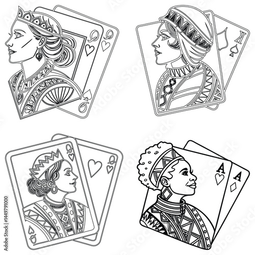 Bundle queen set line art and illustrator eps 10