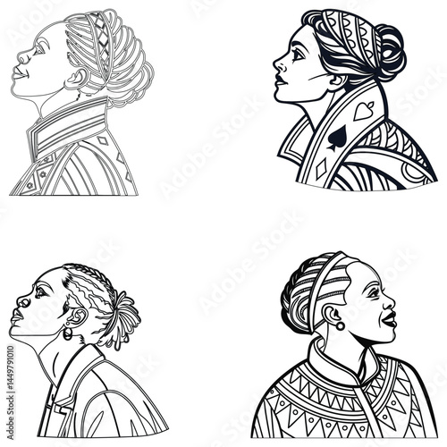 Bundle queen set line art and illustrator eps 10