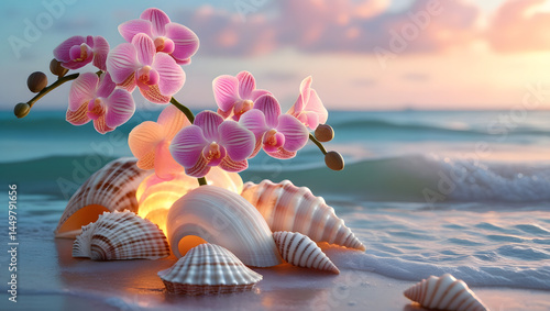 Pink and White Orchids in Seashells by Calm Ocean at Sunset shell on the beach