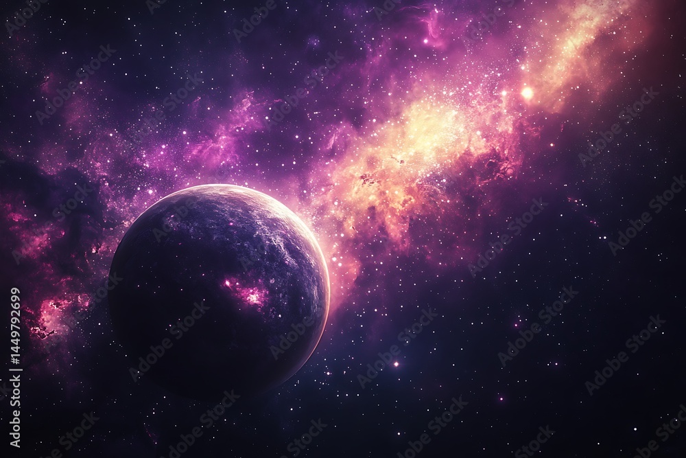 Obraz premium A mesmerizing purple nebula envelops a distant planet cosmic wonder vibrant colors stellar dust space exploration deep