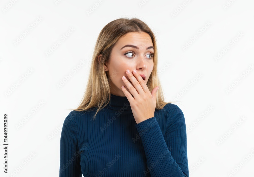 Young woman with blonde hair looking surprised with her hand covering her mouth against a white background Young woman with blonde hair looking surprised with her hand covering her mouth against a white background