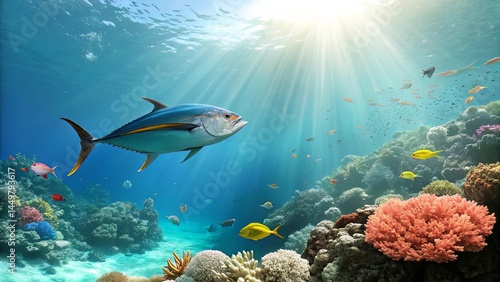 Epic underwater artwork of vibrant tuna gliding through a sunlit coral reef with tropical fish